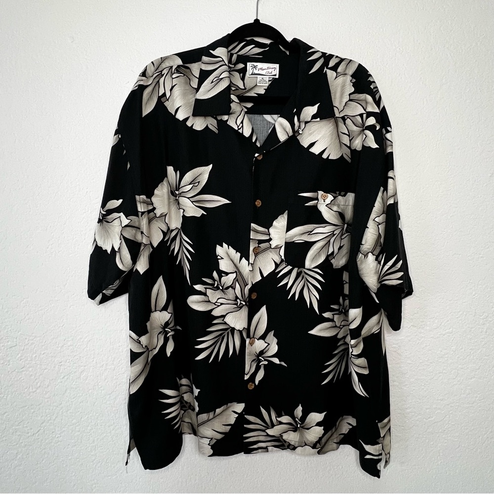 Monterey Club Silk Blend Black Hawaiian Floral Button Up Shirt Men's Size XL
